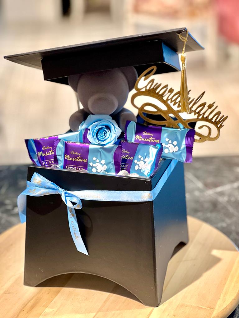 Graduation Box with Baby Blue Forever RoseTeddy bear