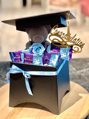 Graduation Box with Baby Blue Forever RoseTeddy bear