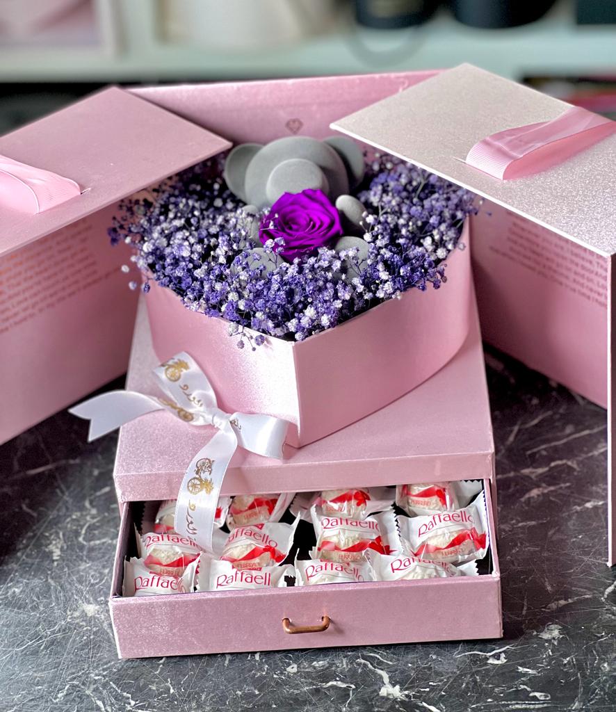 Heart box with Forever purple Rose & Raffaello chocolate