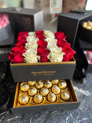 Boxs of roses, chocolate, balloons and pictures