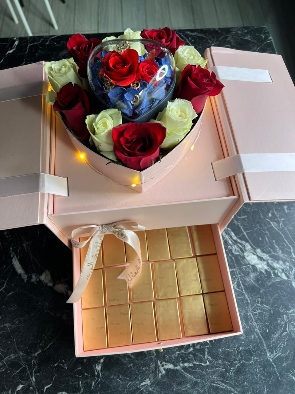 Heart Forever Box with Flowers & Chocolate Patchi