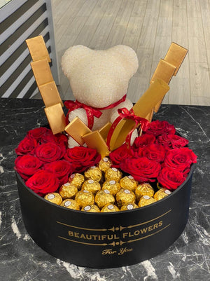 Crystal teddy box, chocolate and roses - Bae3at Elward flower shop 