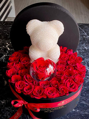Natural Red Flower Box with Forever Flower & Crystal teddy bear - Bae3at Elward flower shop 