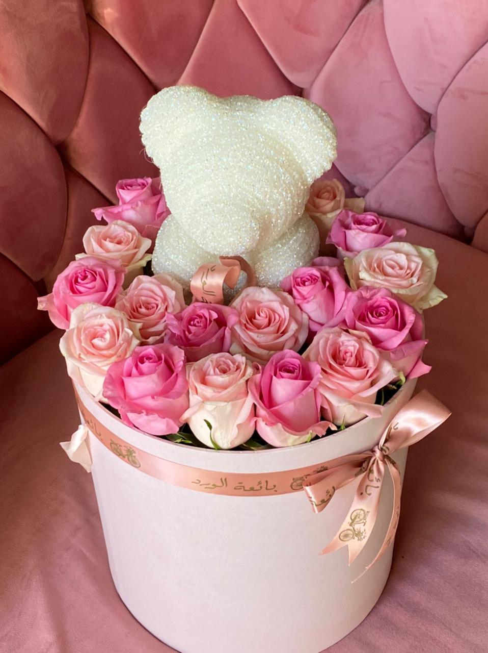 Crystal Teddy bear with Flower Box - Bae3at Elward flower shop 