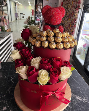 Tower Boxes Roses & Chocolate with Crysral Teddy Bear - Bae3at Elward flower shop 