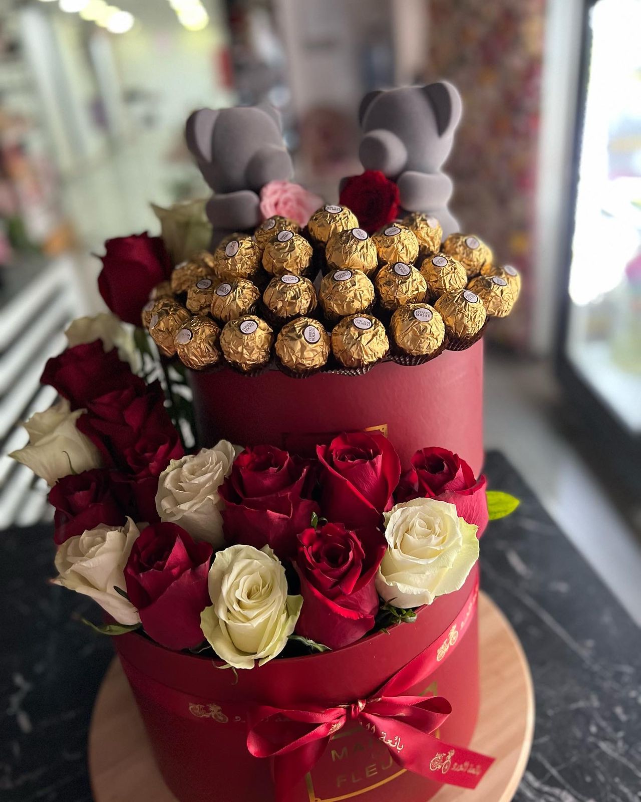 Tower Boxes Roses & Chocolate with Forever Roses - Bae3at Elward flower shop 