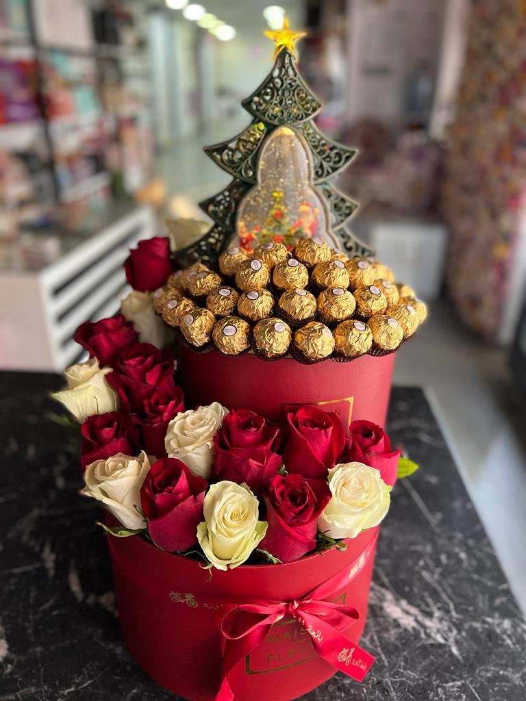 Tower Boxes Flowers & Chocolate with Christmas Tree