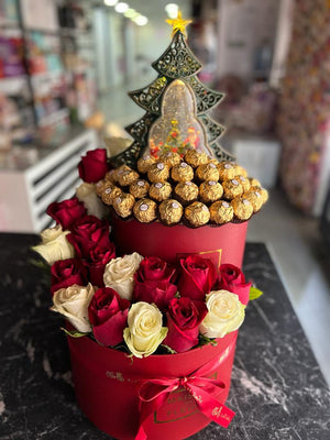 Tower Boxes Flowers & Chocolate with Christmas Tree - Bae3at Elward flower shop 