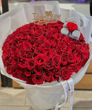 Red Roses Bouquet with Teddy Bear Forever Rose