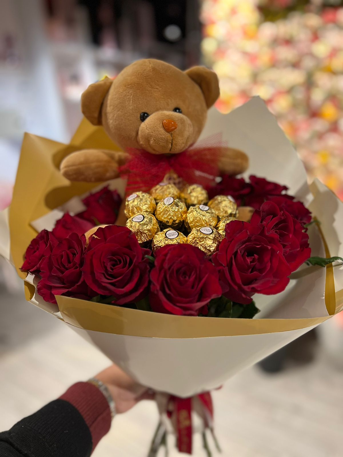 Flowers & Chocolate Bouquet with Teddy Bear