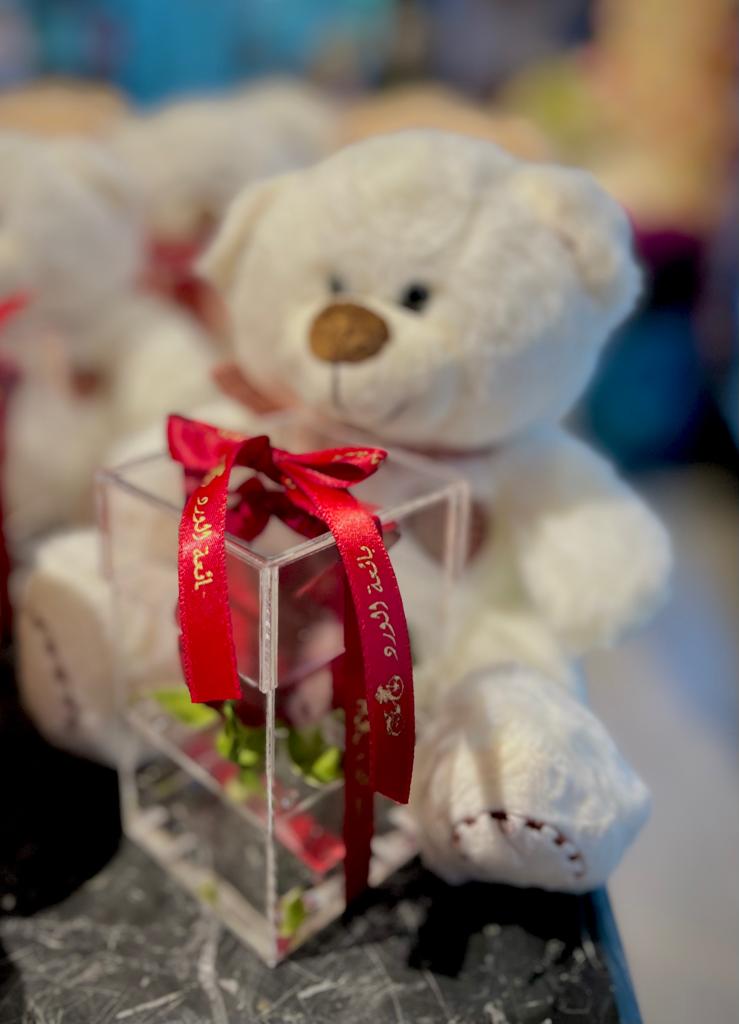 Elegant Teddy Bear & Acrylic Box, Red Rose, (10 pieces )